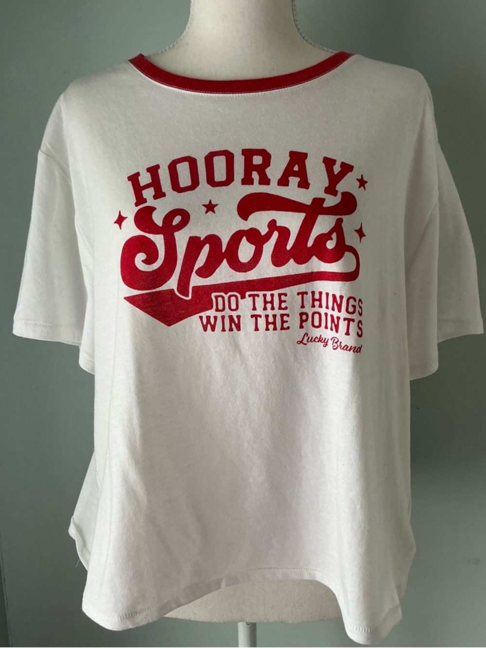 Lucky Brand White Tee with Red 'Hooray Sports' Graphic